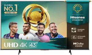 Televisor Hisense 43A65NV, 43 pulgadas, LED 4K UHD, 3840 x 2160 Pixeles, VIDAA SMART TV