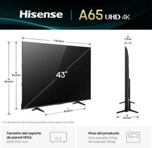 Televisor Hisense 43A65NV, 43 pulgadas, LED 4K UHD, 3840 x 2160 Pixeles, VIDAA SMART TV