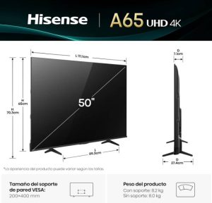 Televisor Hisense 50A65NV, 50 pulgadas, LED 4K UHD, 3840 x 2160 Pixeles, VIDAA SMART TV