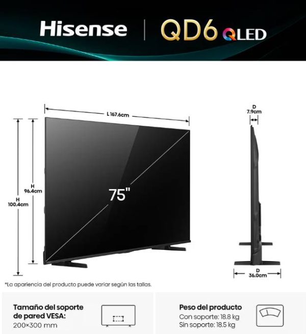 Televisor Hisense 75QD6QV, 75 pulgadas, QLED, QUANTUM DOT, 4K UHD, 3840 x 2160 Pixeles, VIDAA SMART TV