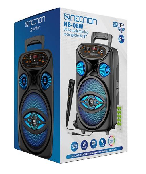 Bafle NECNON Bluetooth 8 NB-08Y, 15W Incluye Microfono Alambrico, Woefer de 8, Slot para memoria TF(hasta 32GB)