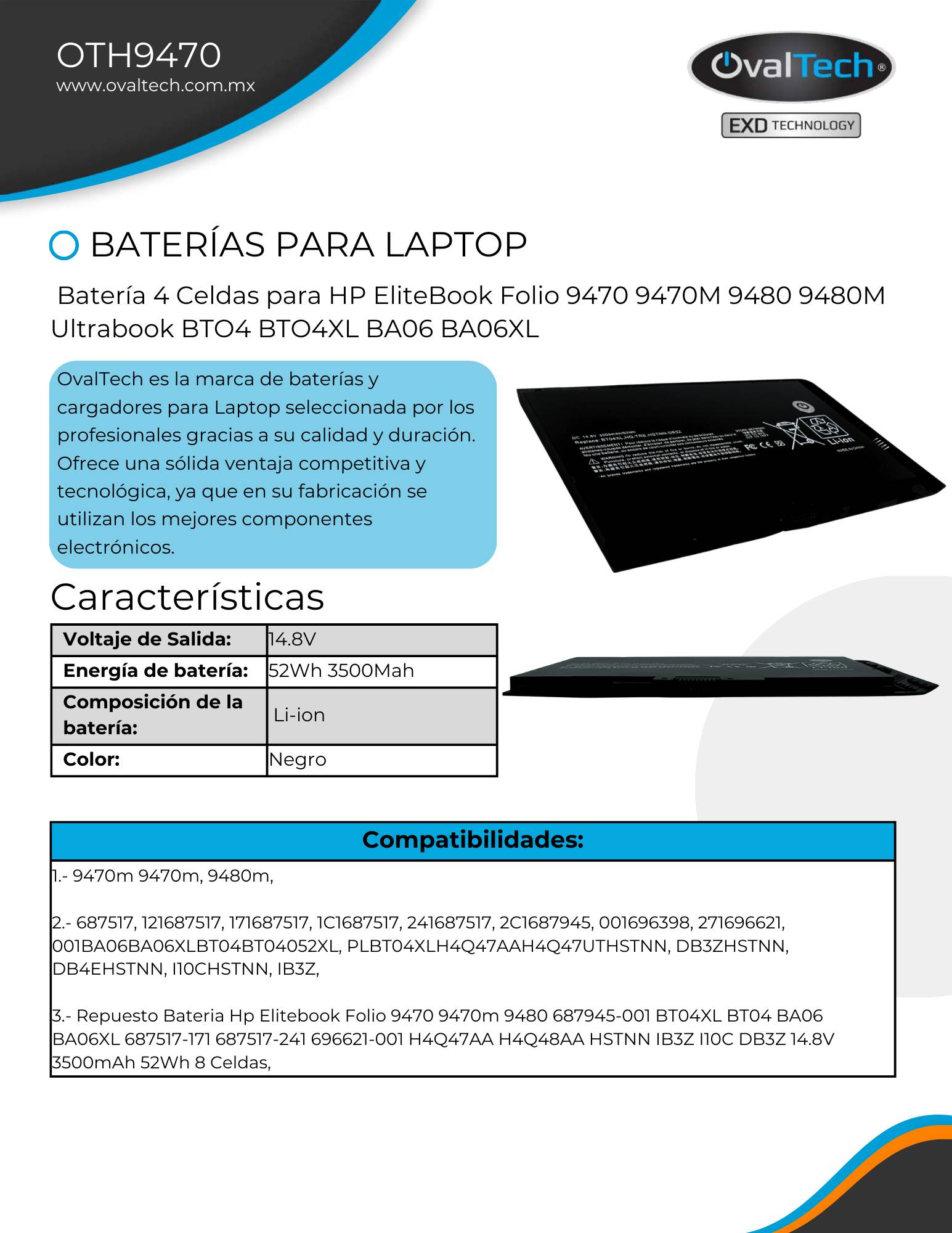 OTH9470 Bateria 4 celdas 14.8V 52Wh 3500Mah para HP EliteBook 9470 9480 Ultrabook BTO4 BA06 Marca Ovaltech