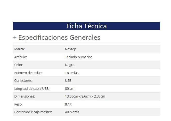 Teclado Numérico Nextep NE-417 Alámbrico USB 18 teclas Cable de 80 cm de Longitud