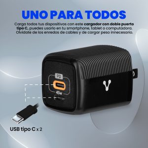 Cargador carga rapida Vorago de pared AU-402-BK NEGRO 45W