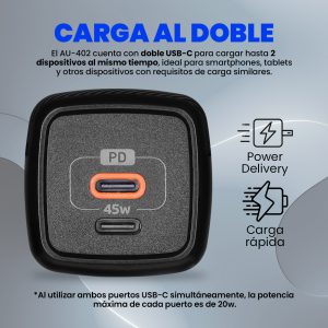 Cargador carga rapida Vorago de pared AU-402-BK NEGRO 45W