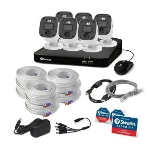 KIT DVR 6 CAMARAS DVR-4680 SWANN Sistema de seguridad 8 Canales, 6 Camaras con audio, Luces intermitentes rojo y azul, Sensor de Luz