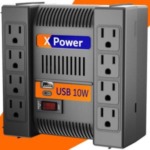 Regulador de Voltaje, Complet, Modelo ERV-9-002, Regulador de Voltaje con supresor integrado. XPOWER 1300 USB. 1,300VA. 650W. 504J. 8 contactos.