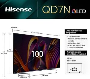 Televisor Hisense 100QD7N, 100 pulgadas, QLED, QUANTUM DOT, 4K UHD, 3840 x 2160 Pixeles, GOOGLE SMART TV
