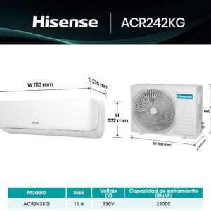 MINISPLIT HISENSE 2 Toneladas ACR242KG 230V ESTANDAR. Solo frio. Color Blanco.