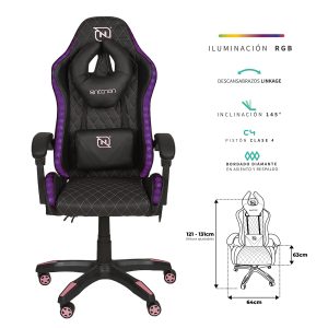 SILLA GAMER RGB INCLINACION RESPALDO 145 CLASE 4 140-150KG NSG-RGB1 FOAM 350MM 63CM*64CM*121-131CM COJIN LUMBAR Y CABEZA NEGRO/FUSCIA