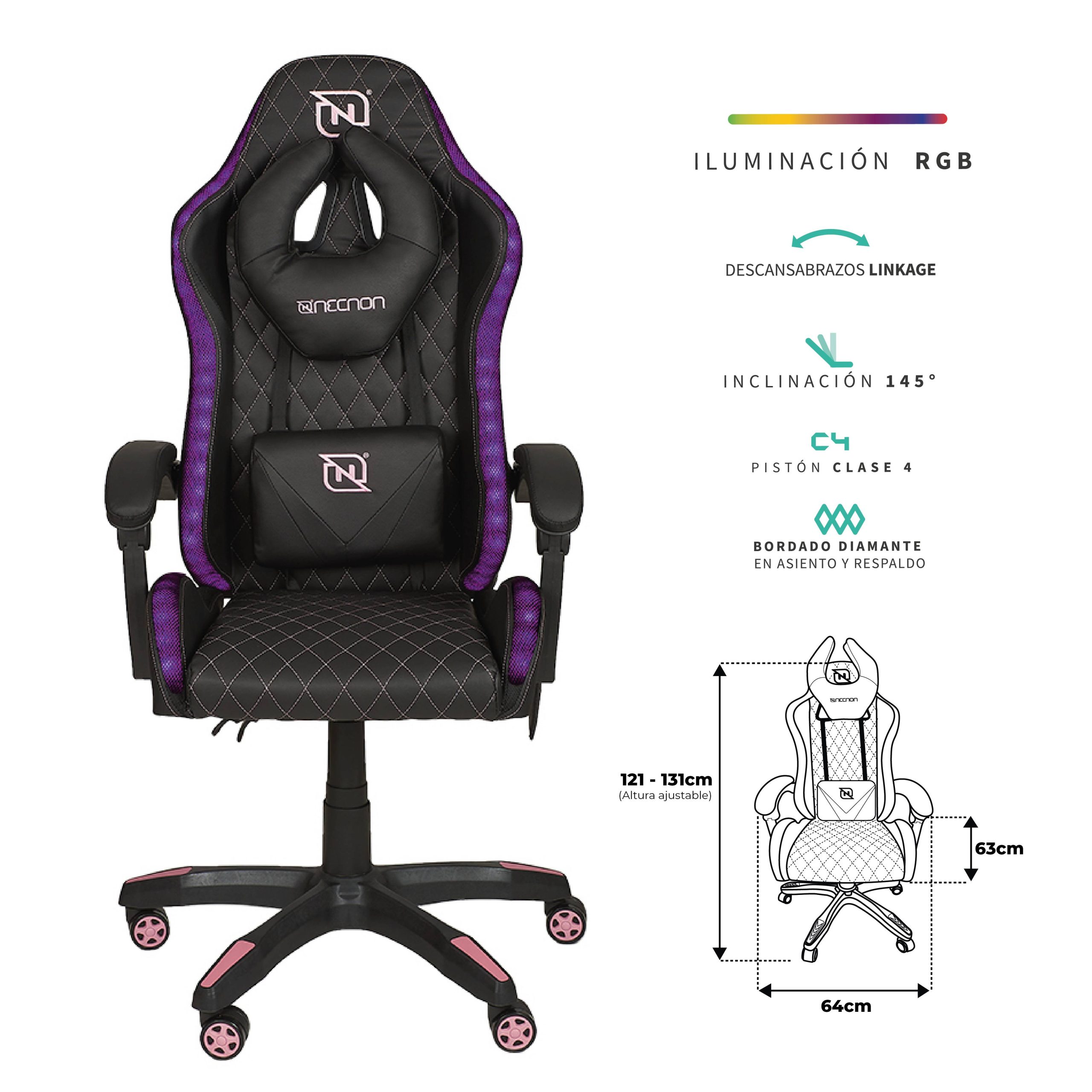 SILLA GAMER RGB INCLINACION RESPALDO 145 CLASE 4 140-150KG NSG-RGB1 FOAM 350MM 63CM*64CM*121-131CM COJIN LUMBAR Y CABEZA NEGRO/FUSCIA