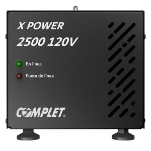 Regulador de Voltaje COMPLET X-POWER 2500 VA/2500 W 120V . Terminales de conexión y 2 contactos NEMA 5-15R, Supresor de picos de voltaje 504 J , P/N ERV-1