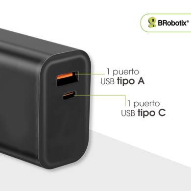 CARGADOR CARGA RÁPIDA, GaN, 45W, DUAL USB V3.0, 1 PUERTO TIPO A Y 1 PUERTO TIPO C, NEGRO, BROBOTIX 6007631