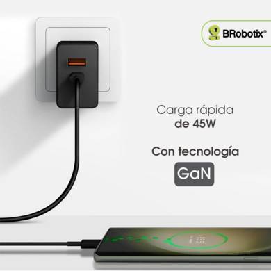 CARGADOR CARGA RÁPIDA, GaN, 45W, DUAL USB V3.0, 1 PUERTO TIPO A Y 1 PUERTO TIPO C, NEGRO, BROBOTIX 6007631