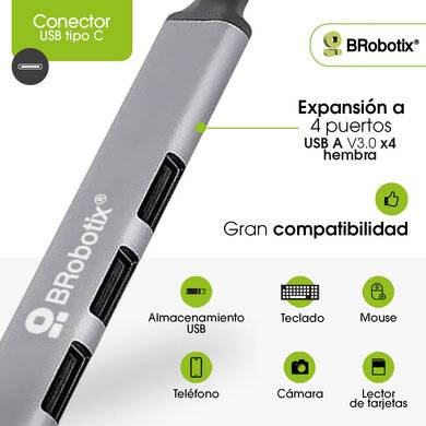 HUB USB V3.0 4 PUERTOS CONEXIÓN TIPO C, COLOR PLATA, BROBOTIX 6008058