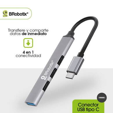 HUB USB V3.0 4 PUERTOS CONEXIÓN TIPO C, COLOR PLATA, BROBOTIX 6008058