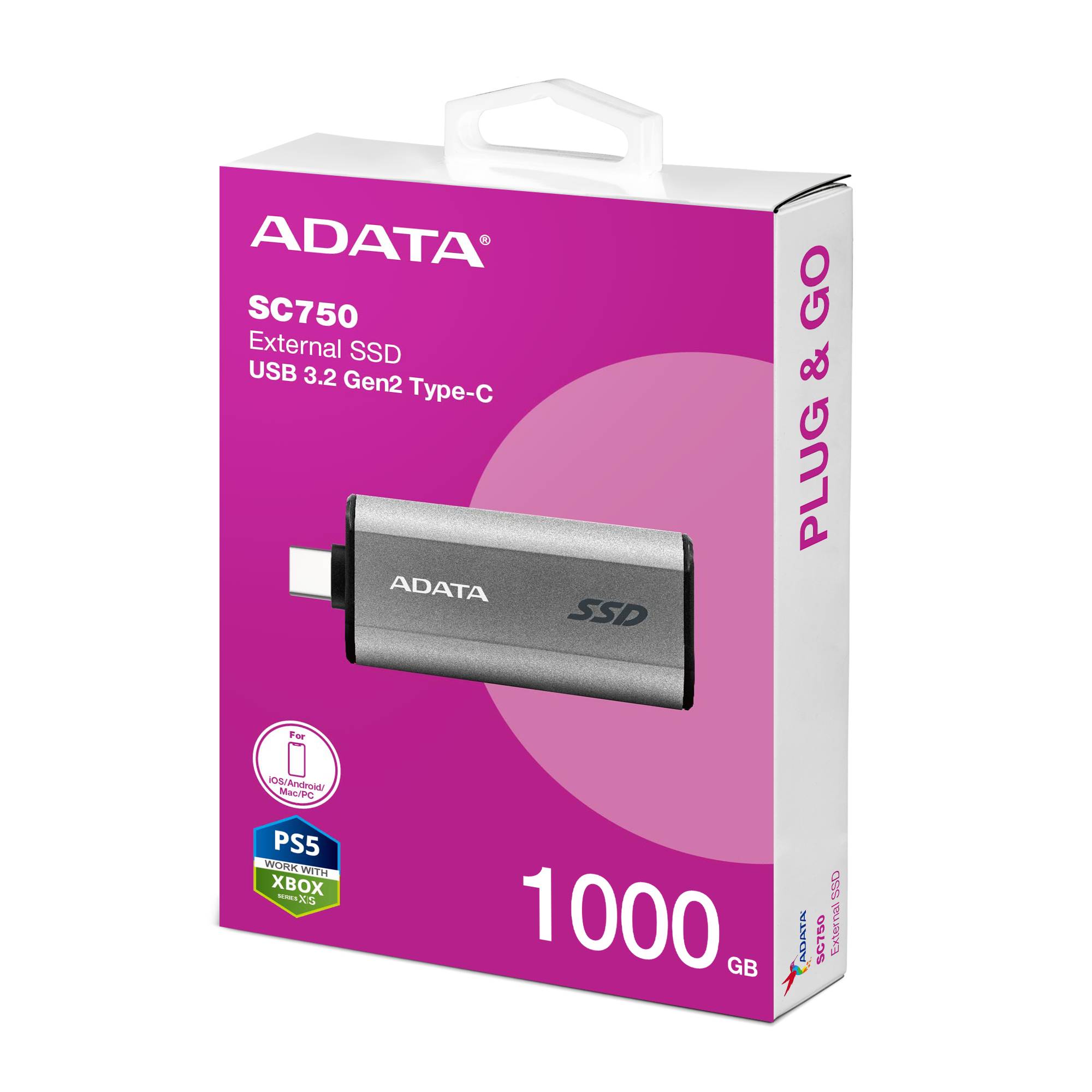 SSD Externo ADATA SC750 1000GB. Interfaz USB 3.2 Gen 2 X2, Puerto USB-C. Color NEGRO. Numero de parte SC750-1000G-CCBK