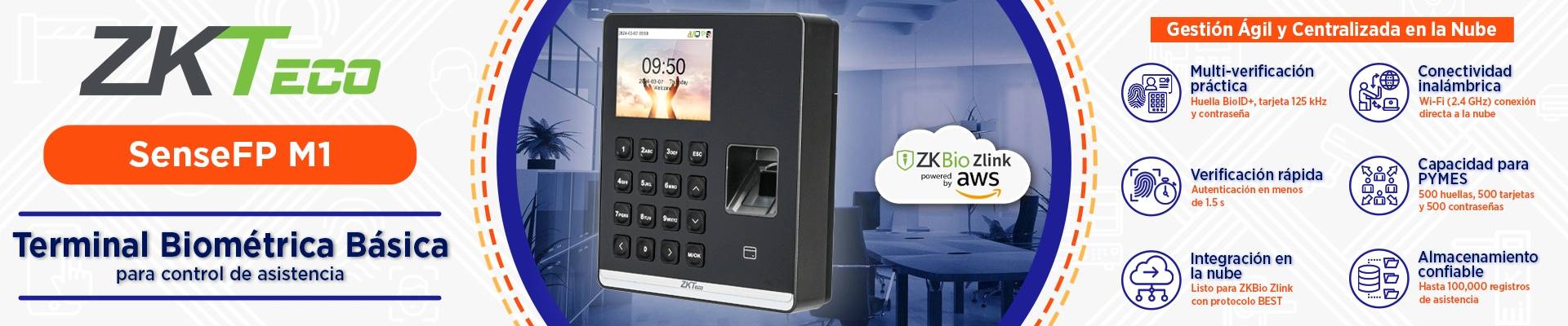 ZKTECO SenseFP M1 -Control de Asistencia con Huella (500), Tarjeta125 kHz (500), Contraseña (500), 100,000 Eventos, Wi-Fi (Compatible con ZKBio Zlink)
