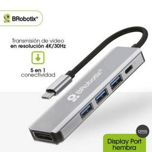 DOCKING 5 EN 1: CONECTOR USB TIPO C A DISPLAYPORT 4K30HZ, 3 PUERTOS USB V3.0 Y 1 PUERTO USB TIPO C, BROBOTIX 406627