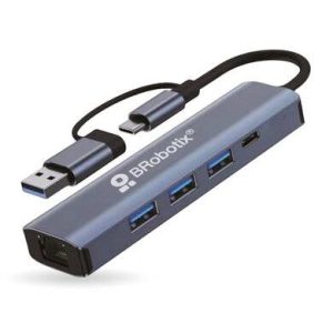 DOCKING 5 EN 2: CONECTOR DUAL USB A Y TIPO C A 3 PUERTOS USB V3.0, 1 PUERTO USB TIPO C Y RJ45 GIGABIT, BROBOTIX 406603