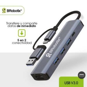 DOCKING 5 EN 2: CONECTOR DUAL USB A Y TIPO C A 3 PUERTOS USB V3.0, 1 PUERTO USB TIPO C Y RJ45 GIGABIT, BROBOTIX 406603
