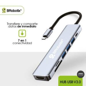 DOCKING 7 EN 1: CONECTOR USB TIPO C A HDMI 4K30HZ, 3 PUERTOS USB TIPO A 3.0, LECTORES SD/TF Y USB TIPO C, PD 100W, BROBOTIX 406979