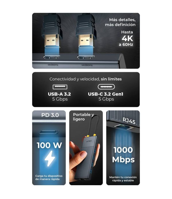 Hub USB 9 en 1 Nexus Dock PRO HN940 ACTECK HUB 9 en 1