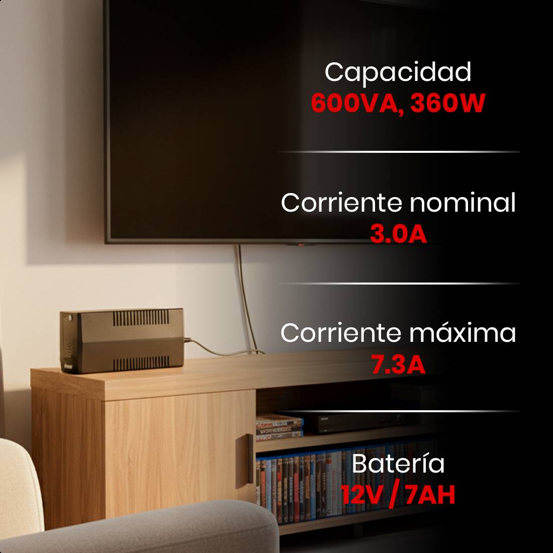 No Break Energizer 600VA/360W (ERENUPS6VA). AVR, bat. 12V/7AH, 6 contactos (4 respaldo), LED/Alarma. Cert. RoHS/NOM/CE. 2 años gtía.