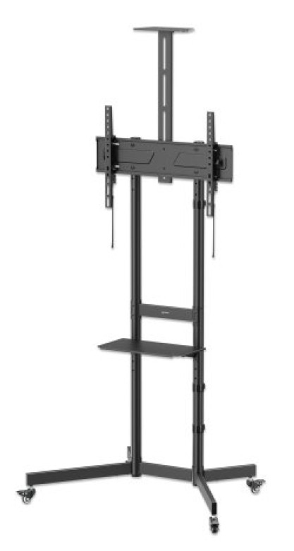 Soporte TV tipo carro, 37 a 70, hasta 70 kg (154 lb), inclinación de -10 a 5°, repisas para cámara y AV, Ruedas con frenos y PVC, MANHATTAN 462716