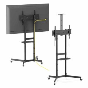 Soporte TV tipo carro, 37 a 70, hasta 70 kg (154 lb), inclinación de -10 a 5°, repisas para cámara y AV, Ruedas con frenos y PVC, MANHATTAN 462716