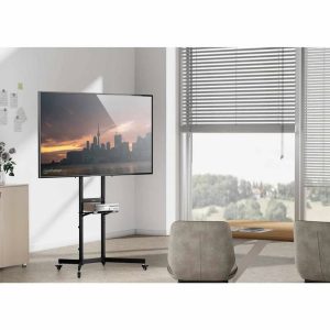 Soporte TV tipo carro, 37 a 70, hasta 70 kg (154 lb), inclinación de -10 a 5°, repisas para cámara y AV, Ruedas con frenos y PVC, MANHATTAN 462716