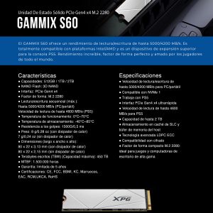Unidad de Estado Sólido XPG GAMMIX S60 2TB PCIe Gen4 x4 M.2 2280, velocidades de lectura/escritura secuenciales de hasta 5.000/4.200 MB por segundo, AGAMMI