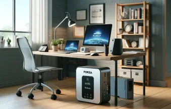 DALL·E 2024-08-06 22.02.14 - A modern home office setup showing the Forza SL-1011UL no-break device in use. The scene includes a computer desk with a desktop computer, a laptop, a